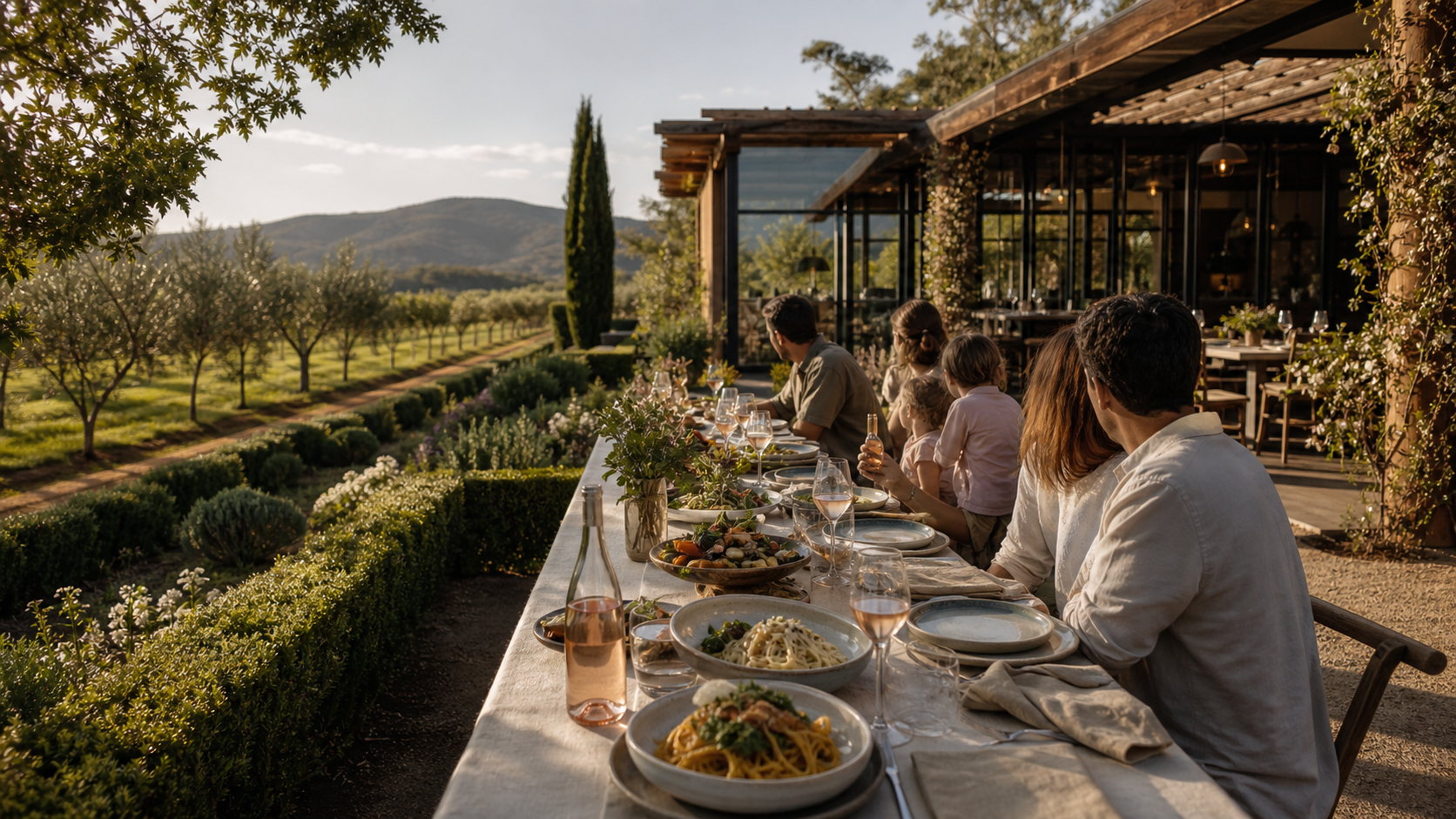 A long Prato table beside the cultivated gardens