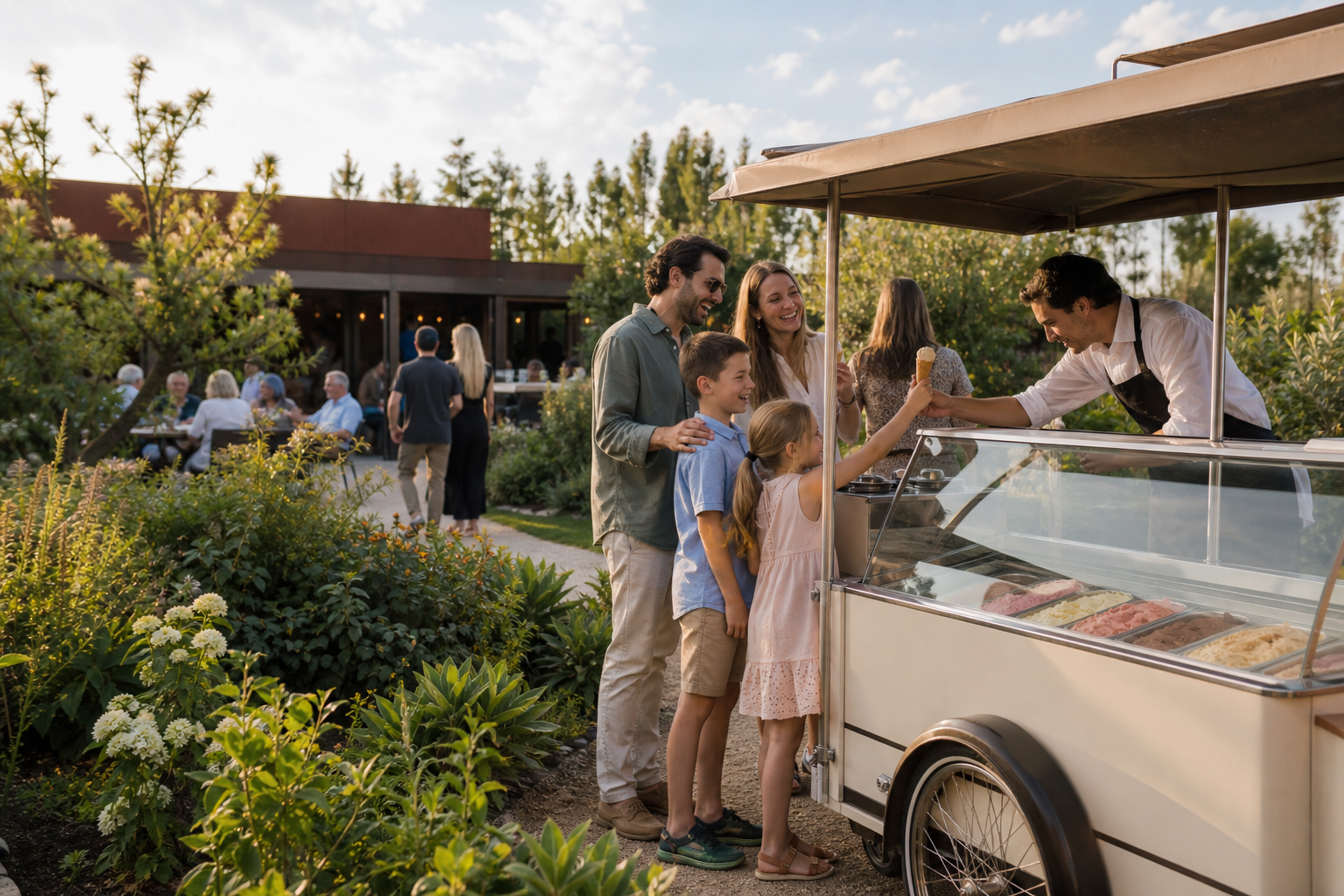 A family choosing gelato from the Prato garden cart