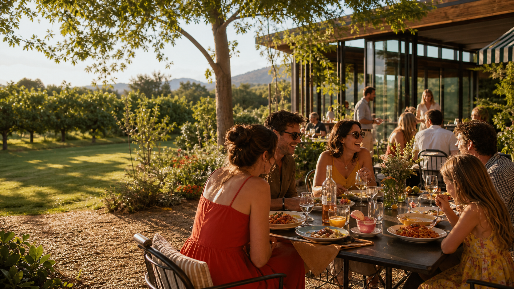 Friends sharing a long afternoon meal at Prato