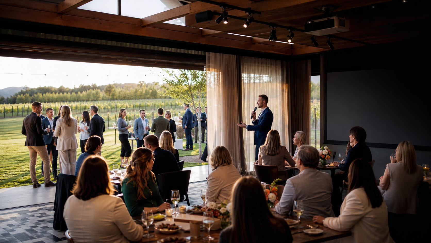 Corporate presentation flowing between a Pialligo-inspired pavilion and the lawn