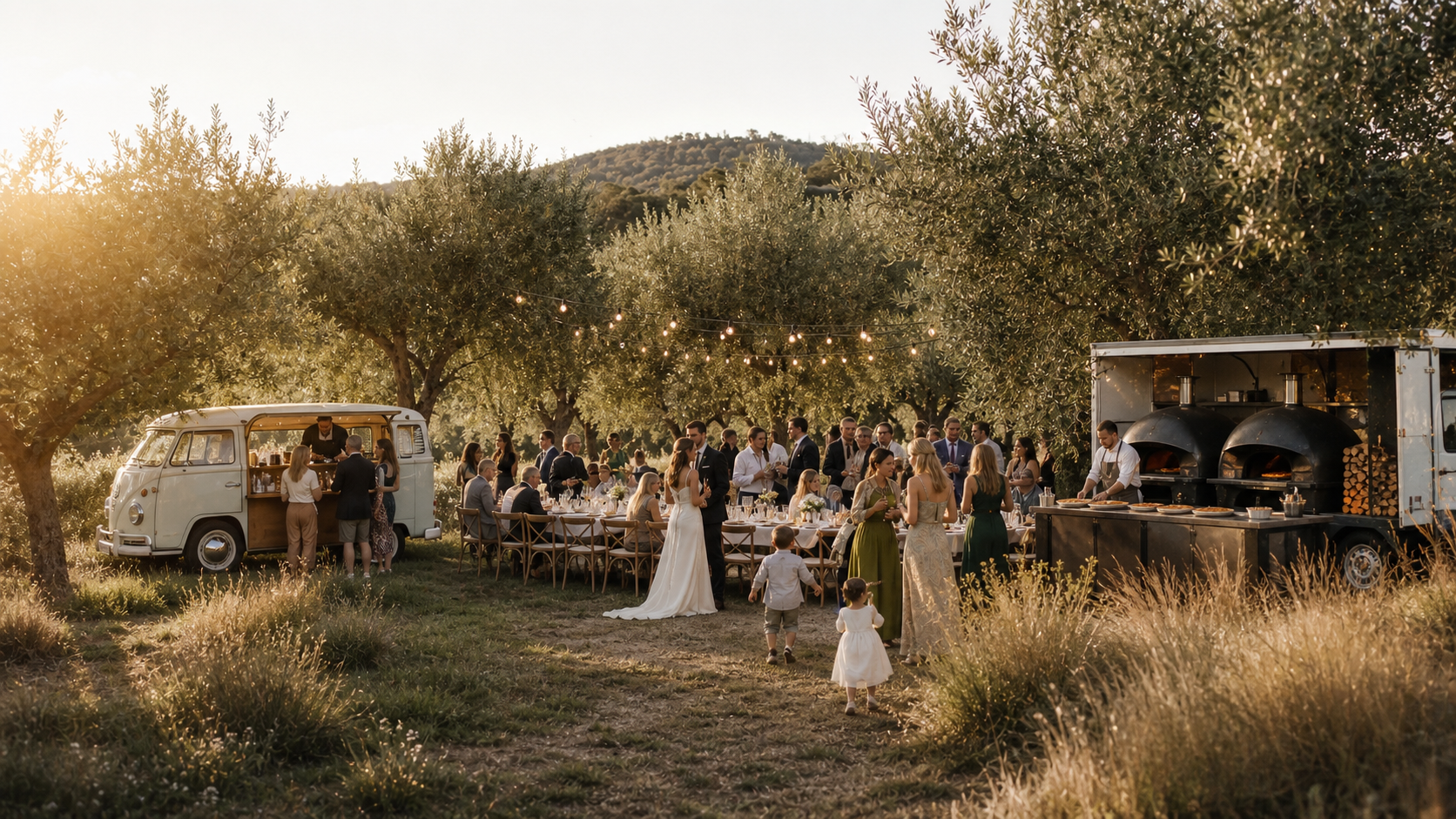A bespoke Pialligo olive grove wedding with a van bar and double portable pizza ovens
