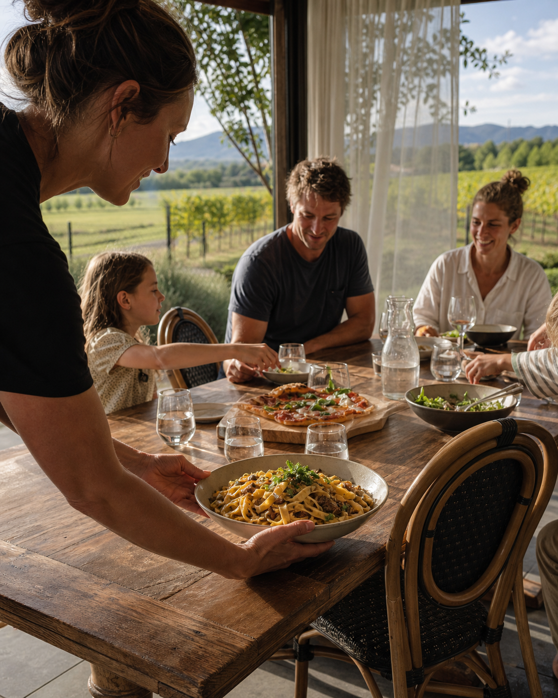 Casual pasta service at the real Pialligo Estate timber table and bentwood chairs
