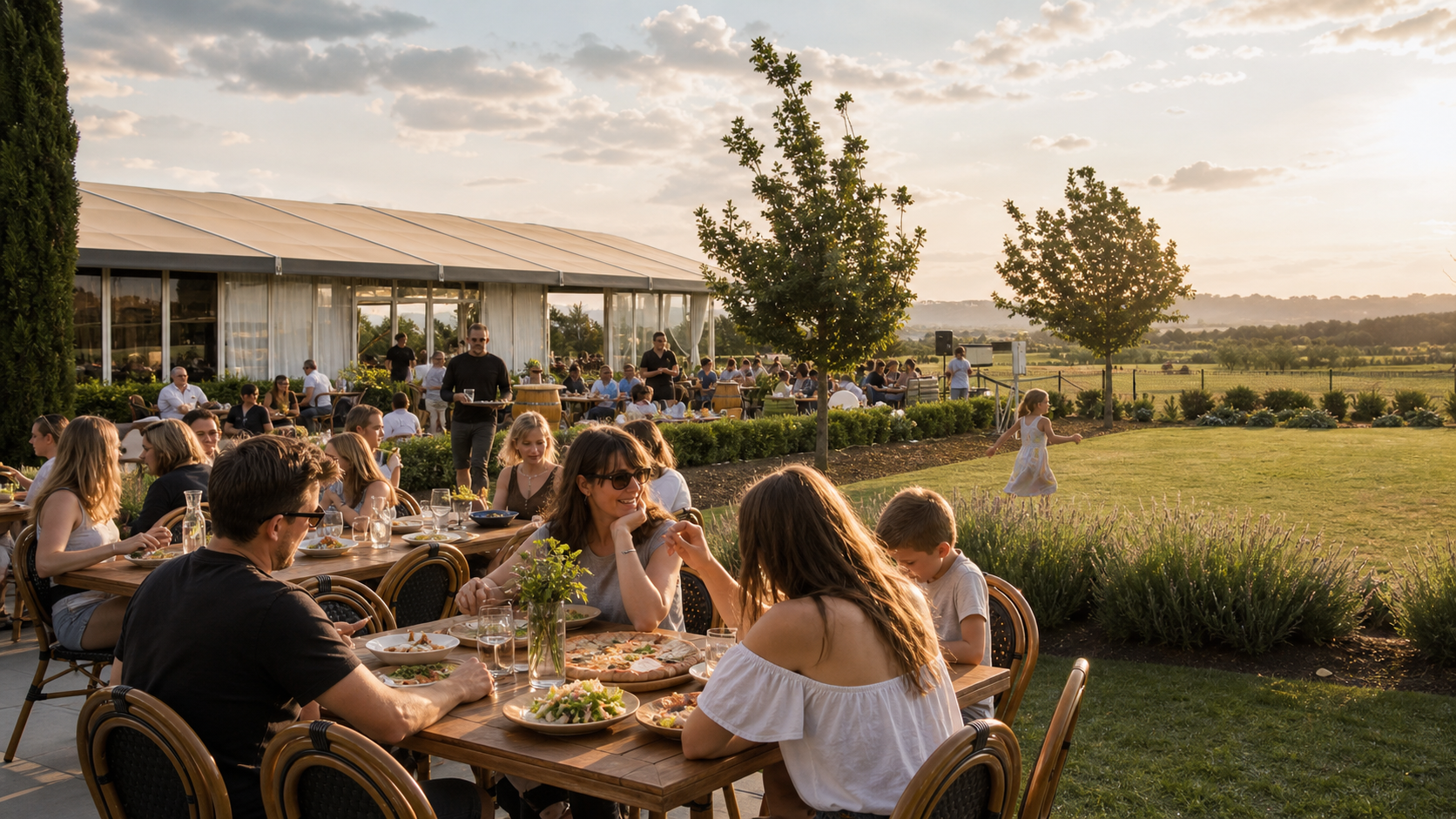 A casual family lunch using the Pialligo Estate terrace, tables and chairs
